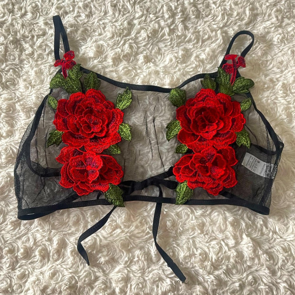 NWOT Sexy Sheer Floral Red Rose Embroidered Bra Wedding Honeymoon Lingerie Sz XL